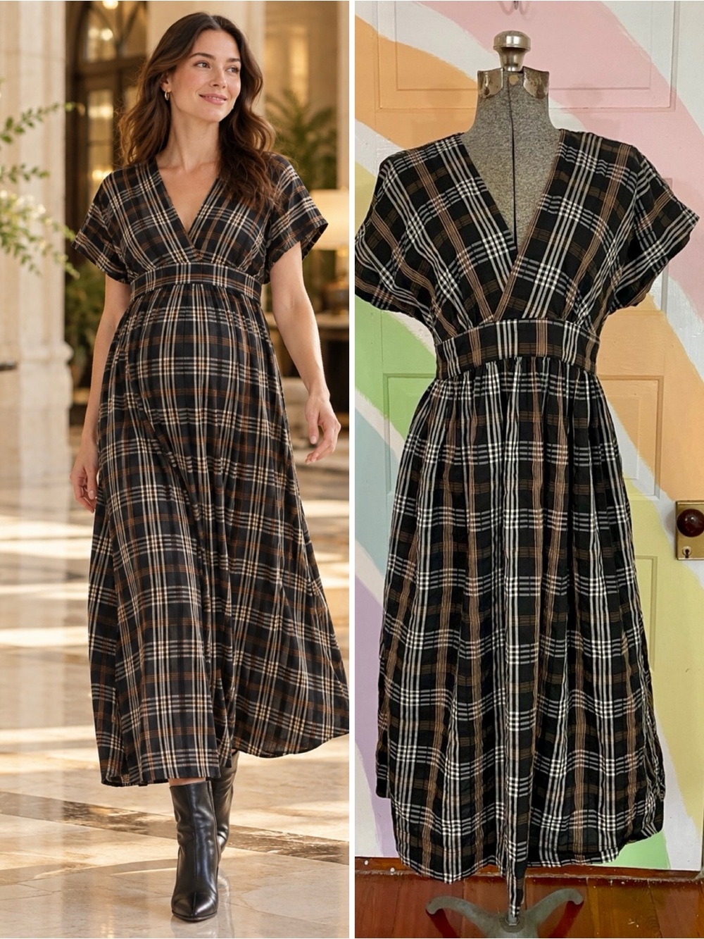 HATCH Autumn Plaid Carolina Maternity Maxi Dress | Black Multi | 0/XS 🧡🎀